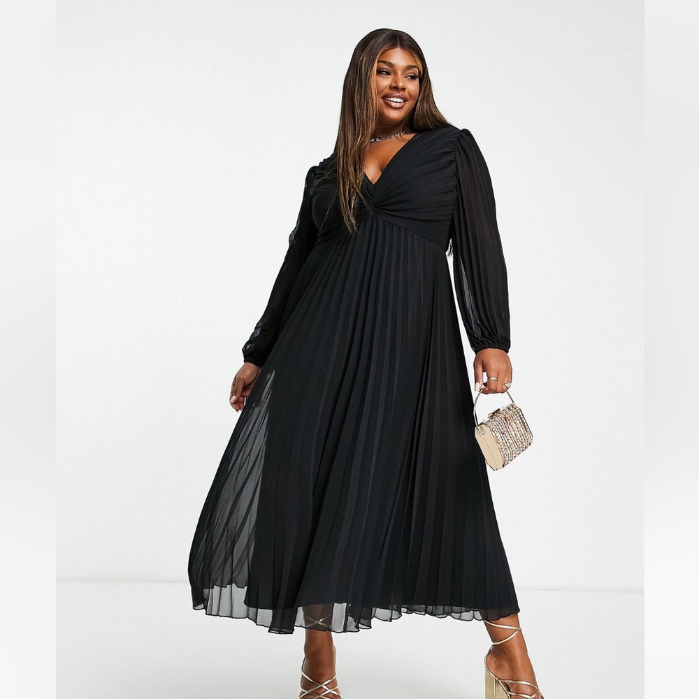 ASOS DESIGN Curve pleated bodice plunge neck midi dress in black - size 18